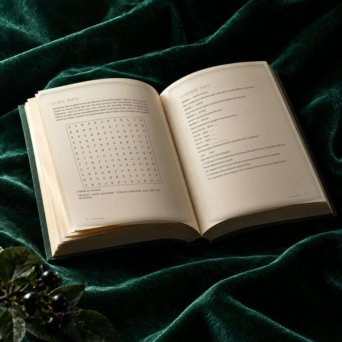 Pages interieures 102 et 103 de L'Hotel Belladone : grille de mots meles et questions d'enquete