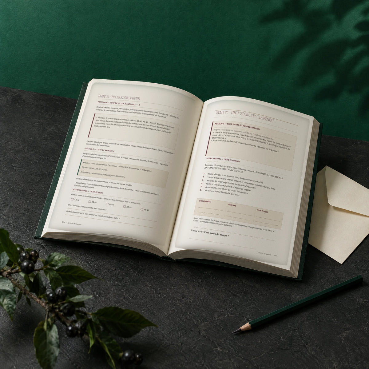 Pages interieures 114 et 115 de L'Hotel Belladone : pieces de l'enquete et questions a resoudre